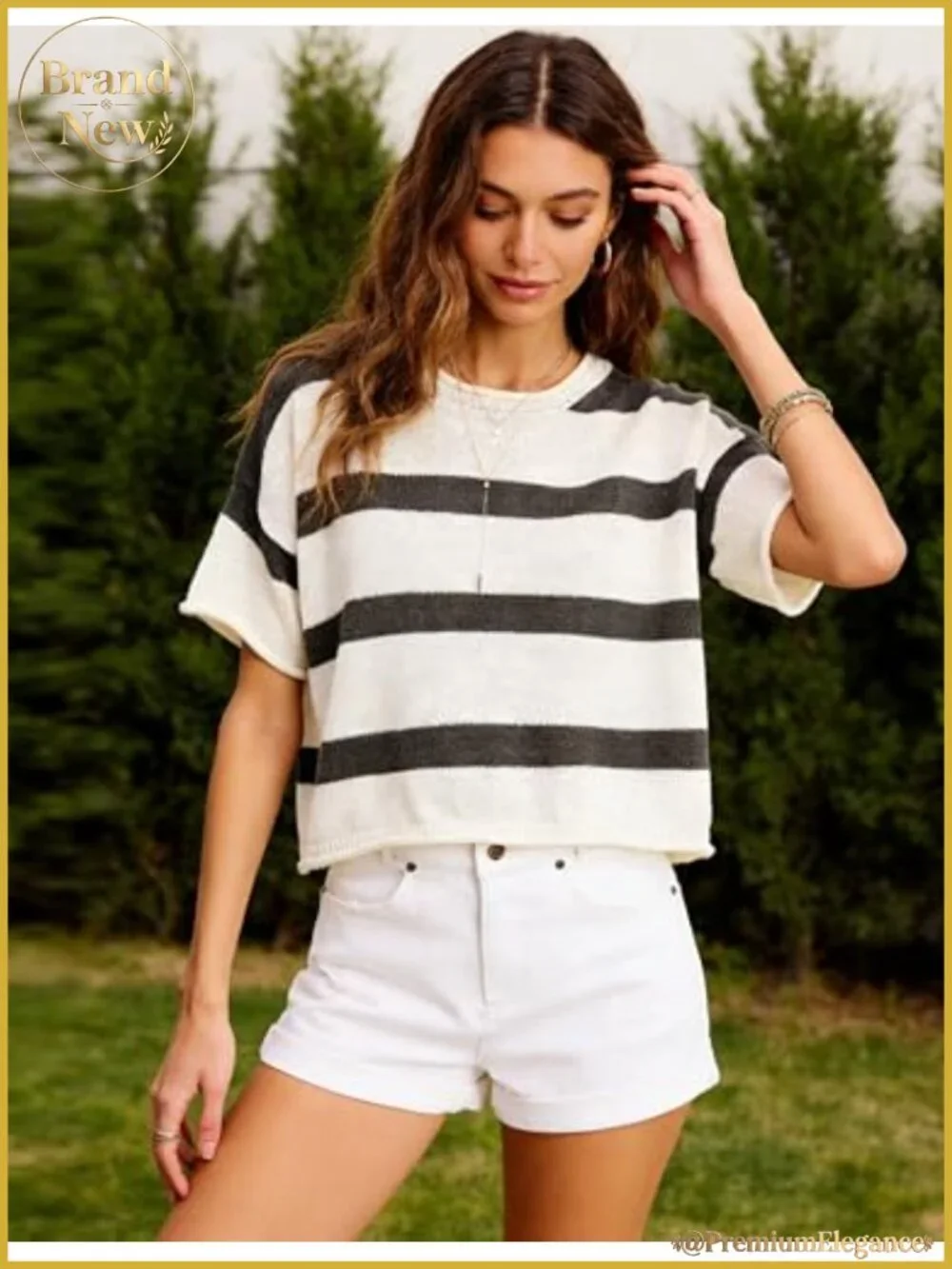 Women's Striped Knit Pullover Short Sleeve Crewneck Lightweight Sweater
